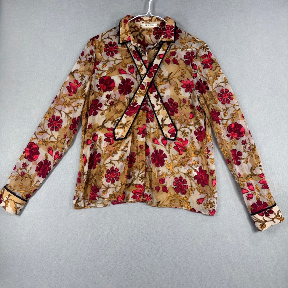 Alice + Olivia Floral Velvet Burnout Sheer Tie Neck Blouse C608058833 Tan Red